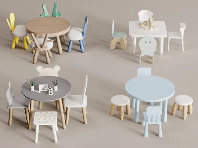 Colorful Kids Wooden Table and Chair Sets with Animal Shaped Chairs and Round Tables 3d model