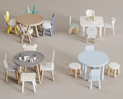 Colorful Kids Wooden Table and Chair Sets with Animal Shaped Chairs and Round Tables 3d model