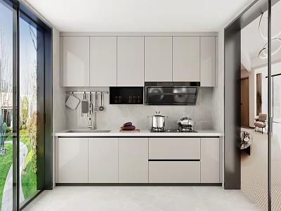 Modern Open Kitchen Interior With Light Gray Cabinets Island Counter And Appliances 3d model
