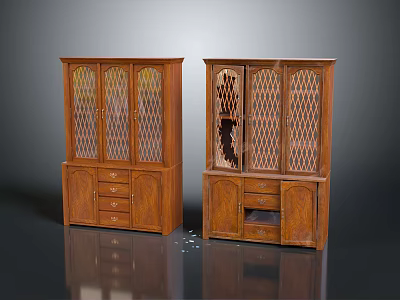 Two Wooden Storage Cabinets With Glass Doors Drawers And Damaged Structure 3d model