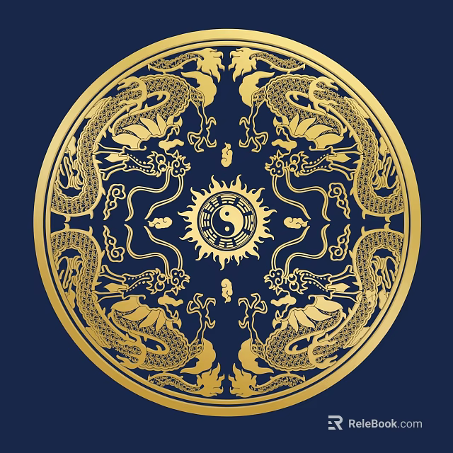 Intricate Circular Carving with Golden Dragons and Yin Yang Symbol on Dark Blue Background 3d model 
