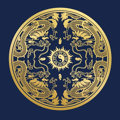 Intricate Circular Carving with Golden Dragons and Yin Yang Symbol on Dark Blue Background 3d model