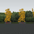Golden Intricate Four Heavenly Kings Sculptures With Outdoor Green Trees And Blue Sky