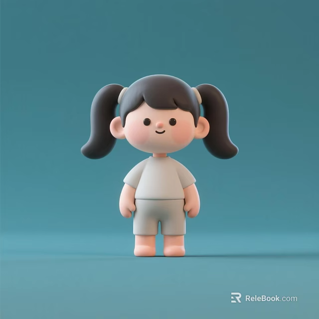 Cute Cartoon Girl Decorative Ornament Set with Pigtails Gray Hair White Top and Gray Shorts 3d model 