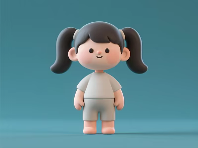 Cute Cartoon Girl Decorative Ornament Set with Pigtails Gray Hair White Top and Gray Shorts 3d model