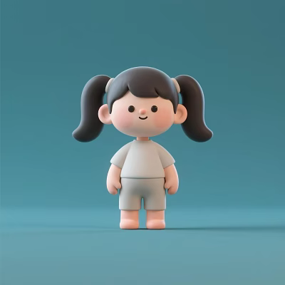 Cute Cartoon Girl Decorative Ornament Set with Pigtails Gray Hair White Top and Gray Shorts 3d model