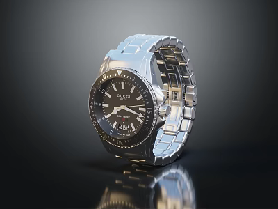 Seiko Watch With Silver Stainless Steel Band And Black Dial On Sleek Surface 3d model