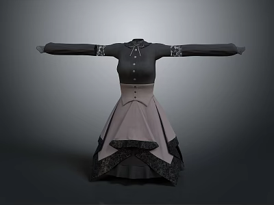 Black And Gray Long Sleeve Dress With Lace Trim And Layered Skirt 3d model