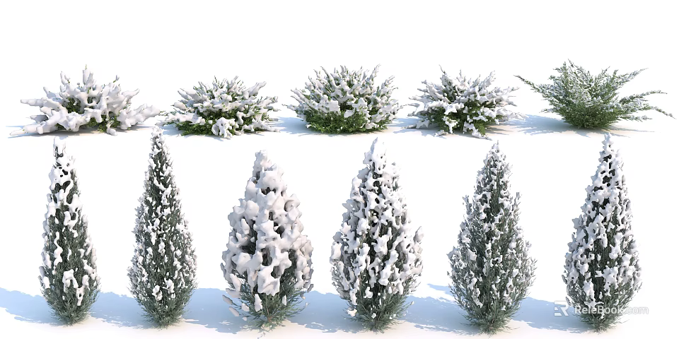Stunning Winter Snow Covered Shrubs With Various Shapes Green Foliage And White Snow 3d model 
