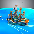 Vibrant Sailing Ship With Tall Masts Sailing On Blue Ocean With Seagulls