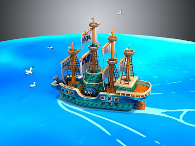 Vibrant Sailing Ship With Tall Masts Sailing On Blue Ocean With Seagulls 3d model