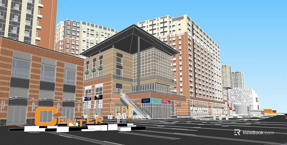 Modern Commercial Center Landscape With Multistory Buildings Glass Facade And Parking 3d model 