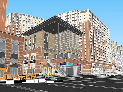 Modern Commercial Center Landscape With Multistory Buildings Glass Facade And Parking 3d model