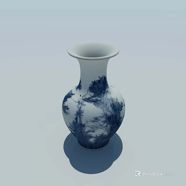 Blue and White Porcelain Vase with Traditional Scenic Patterns and Smooth Finish 3d model 