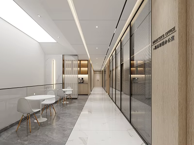 Modern Office Corridor With Glass Partitions Wooden Elements White Tables Chairs And Marble Flooring 3d model