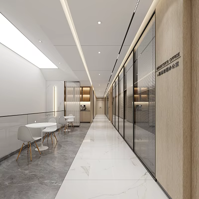 Modern Office Corridor With Glass Partitions Wooden Elements White Tables Chairs And Marble Flooring 3d model