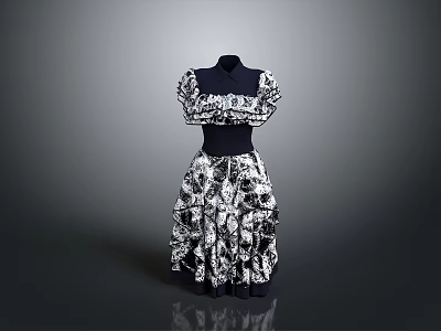 Elegant Women's Dress With Black Top And White Pattern Fluffy Skirt 3d model