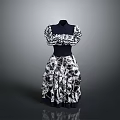 Elegant Women's Dress With Black Top And White Pattern Fluffy Skirt