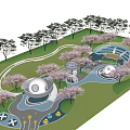 Kids Play Area With Cherry Blossom Trees Green Lawn And Modern Building Design