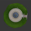 Traditional Pagoda Model Featuring Blue Roof Golden Finial Circular Base Stone Steps On Green Grass