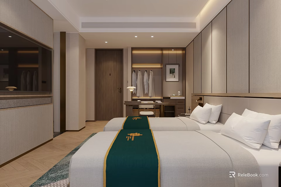 Modern Light Luxury Hotel Guest Room With Two Comfortable Twin Beds And Complete Practical Amenities 3d model 