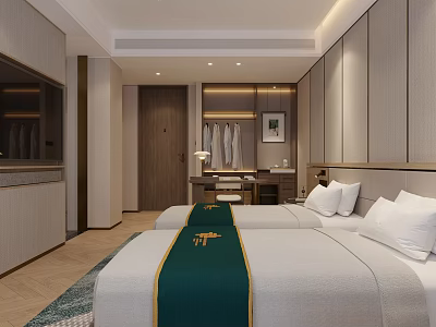 Modern Light Luxury Hotel Guest Room With Two Comfortable Twin Beds And Complete Practical Amenities 3d model