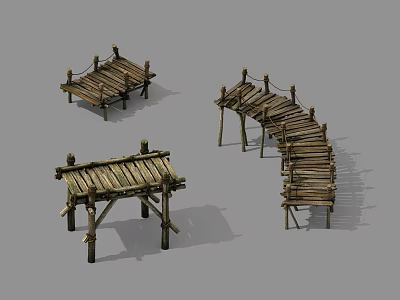 Rustic Wooden Bridge Designs Featuring Arch And Flat Shapes With Railings 3d model