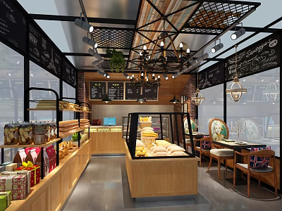 Dessert Shop Interior with Glass Display Cases Baked Goods Chalkboard Menus and Seating Area 3d model