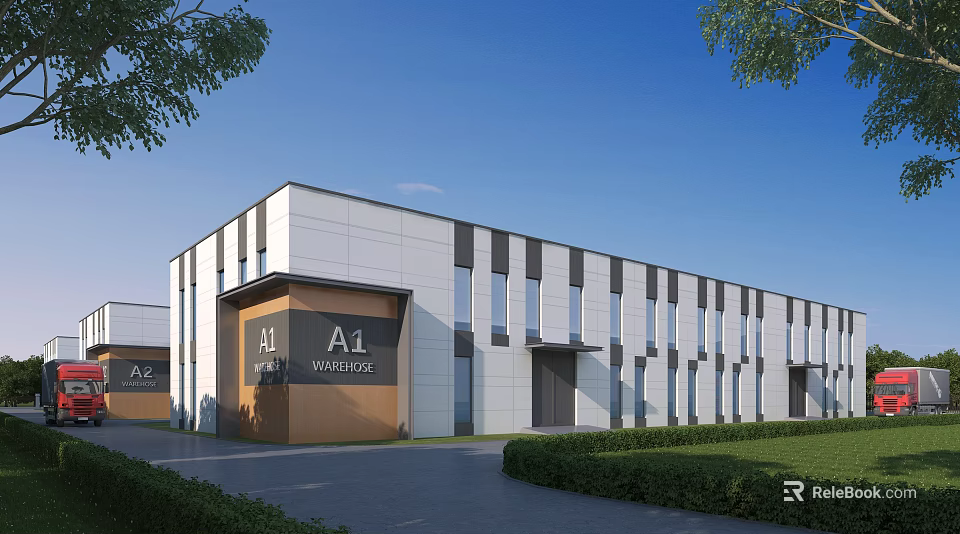 Modern Industrial Warehouse with Gray White Exterior Labeled A1 Green Lawns Trees and Multiple Windows 3d model 