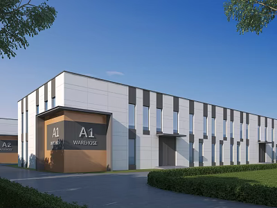 Modern Industrial Warehouse with Gray White Exterior Labeled A1 Green Lawns Trees and Multiple Windows 3d model