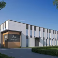 Modern Industrial Warehouse with Gray White Exterior Labeled A1 Green Lawns Trees and Multiple Windows