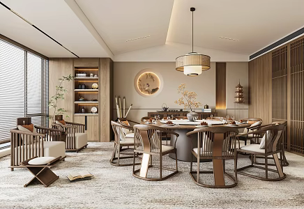 Zen New Chinese Restaurant Room Song's Aesthetic Background Wall Round Dining Table and Chair Combination Restaurant Chandelier Balcony Leisure Chair 3d model