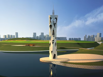 Modern Road Facilities Tower By Waterfront Green Space And City Skyline Golf Course 3d model