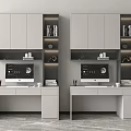 Modern Double Desks Interior With Computer Monitor Bookshelf Books And Decorations