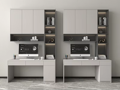 Modern Double Desks Interior With Computer Monitor Bookshelf Books And Decorations 3d model