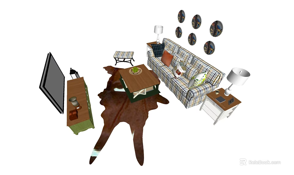 Plaid Sofa Coffee Table Set With Decorative Pillows Animal Print Rug And Circular Wall Art 3d model 