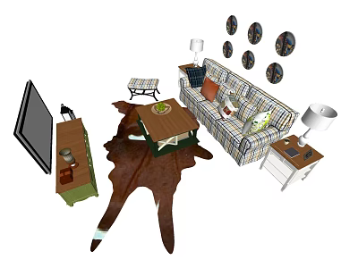 Plaid Sofa Coffee Table Set With Decorative Pillows Animal Print Rug And Circular Wall Art 3d model