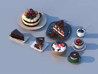 Delicious Assorted Sliced And Mini Dessert Cakes With Strawberry Chocolate Cream Toppings 3d model