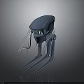 Gray Modern Robotic Mechanical Device 3D Model Featuring Green Sensors And Slender Legs