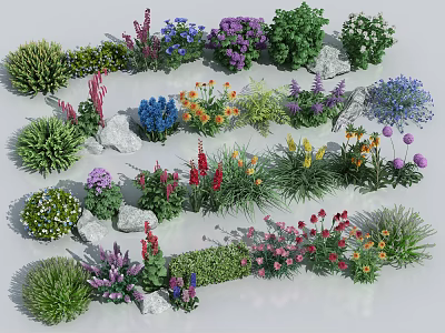 Colorful Various Flowers And Plants Arrangement With Green Shrubs And Stones 3d model
