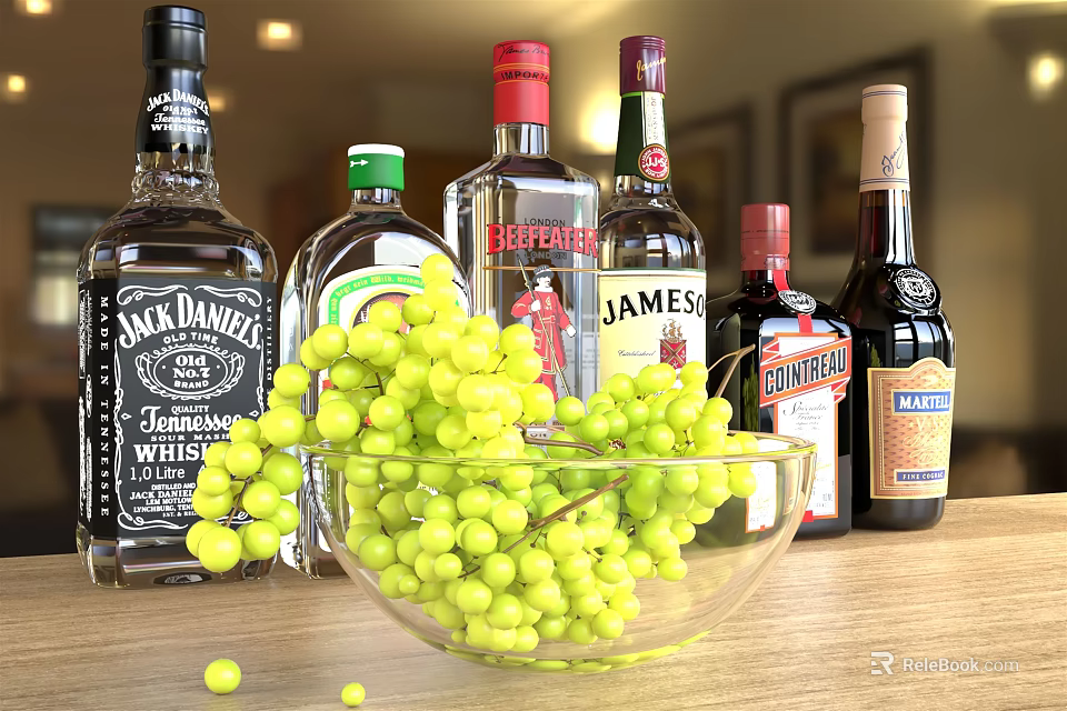 Assorted Alcohol Bottles And Glasses With Green Grapes In Glass Bowl On Wooden Table 3d model 
