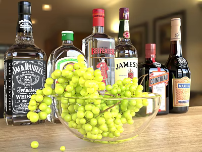 Assorted Alcohol Bottles And Glasses With Green Grapes In Glass Bowl On Wooden Table 3d model