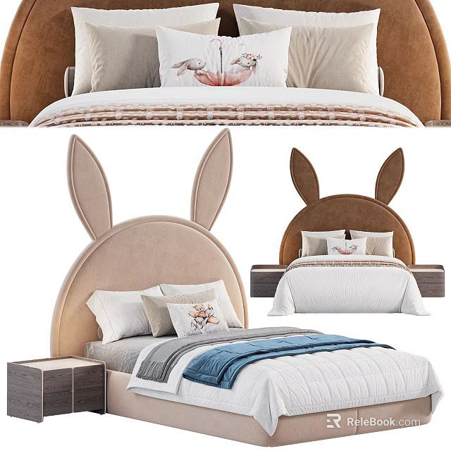 Cute Kids Bed With Rabbit Ear Headboard Beige Brown Pillows Quilt And Nightstand 3d model 