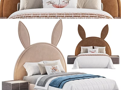 Cute Kids Bed With Rabbit Ear Headboard Beige Brown Pillows Quilt And Nightstand 3d model