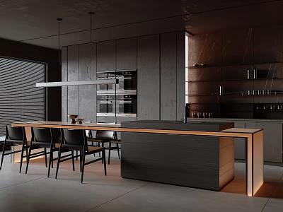 Modern Restaurant Interior Design With Open Kitchen Island Counter And Dining Chairs 3d model