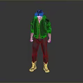 A Man Wearing Black Jacket With Blue Glowing Accents Jeans Sneakers And Futuristic Headgear