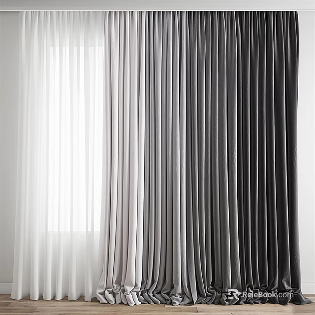 White Light Gray And Dark Gray Velvet Curtains For Modern Window Interior With Natural Light 3d model 