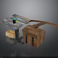 Rustic Wooden Table With Metal Frame Wooden Crate Colorful Blocks Black Cylinder And Curved Plank
