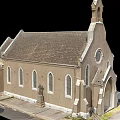 Traditional Church Building With Steeple Tower Brown Exterior Gray Roof Round Window And Arched Doorway
