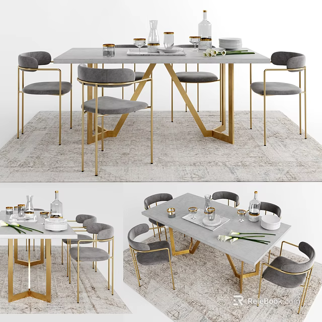 Elegant Modern Dining Table Set With Gold Frame Gray Chairs Marble Top And Decorative Tableware Vase 3d model